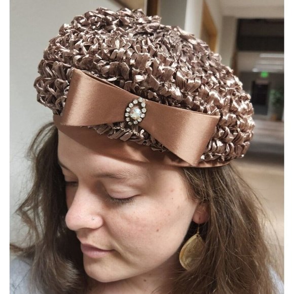 Mid Century Brown Ribbon Beret wi/Rhinestone Brooch &Bow main image 7